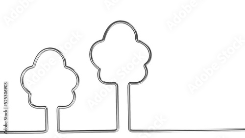 Paperclip metal unravel long end following camera forming house and tree contours, 3d animation
