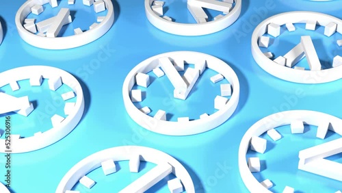 Time clocks symbol circles white spinning over blue surface background, endless loop, 3d animation

