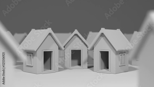Village white camera passing tour small symbol house hut abstract, 3d animation
