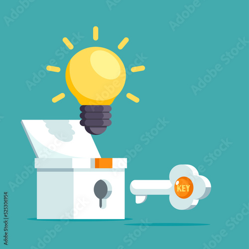 The key opens the box, unlock the lightbulb. Business idea concept. Vector illustration Flat cartoon design.