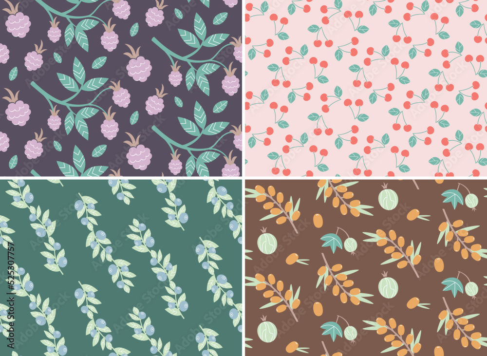 Set of seamless patterns with different berries. Nature textures in flat design.