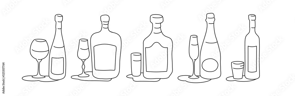 Wine liquor rum champagne vodka bottle and glass outline icon on white background. Black white cartoon sketch graphic design. Doodle style. Hand drawn image. Party drinks concept. Freehand drawing Wine liquor rum champagne vodka bottle and glass outline icon on white background. Black white cartoon sketch graphic design. Doodle style. Hand drawn image. Party drinks concept. Freehand drawing
