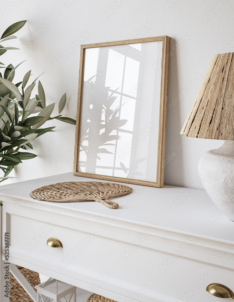 Old wooden frame mockup in Scandinavian farmhouse living room interior