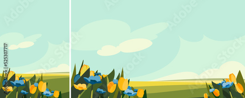 Blue and yellow flowers on the meadow. Nature landscape in different formats.