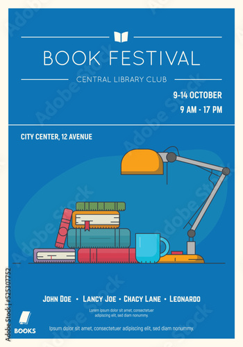 Retro style book reading club poster. Book festival and event poster template. Old style movie placard for book festival with stylish line vector illustration. Books, table lamp and mug.