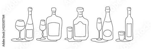 Wine liquor rum champagne vodka bottle and glass outline icon on white background. Black white cartoon sketch graphic design. Doodle style. Hand drawn image. Party drinks concept. Freehand drawing
