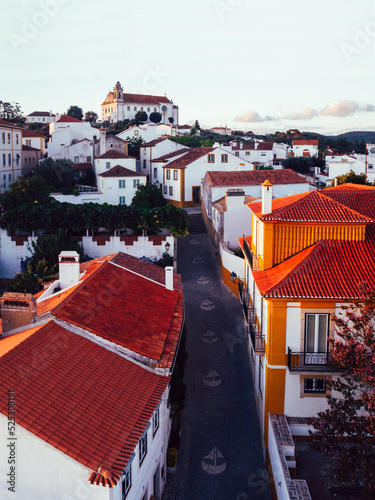 Aerial drone view of historic city centre of Constancia in Santarem district, Portugal at sunset photo