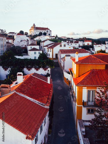 Aerial drone view of historic city centre of Constancia in Santarem district, Portugal at sunset