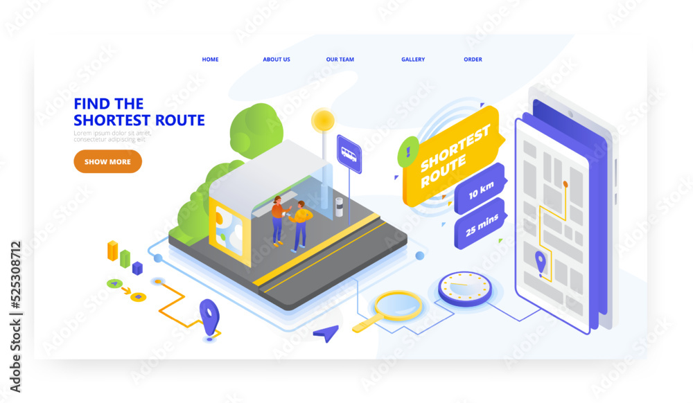 Find the shortest route on mobile, landing page design, website banner vector template. Road trip planning.