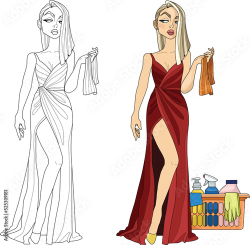Cartoon mean girl in evening dress with cleaning supplies sketch template set. Graphic vector illustration in color and black and white for games. Children`s story book, coloring paper, page, print