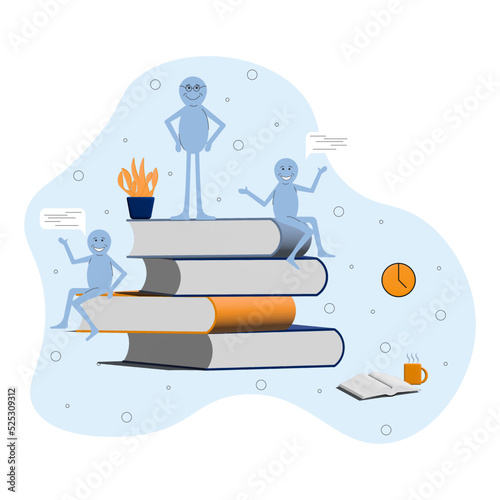 Education composition with students learning and studying. Teamwork concept. 3D realistic vector illustration. School college activity, teamwork. Communication and teamwork concept. Reading a book. 