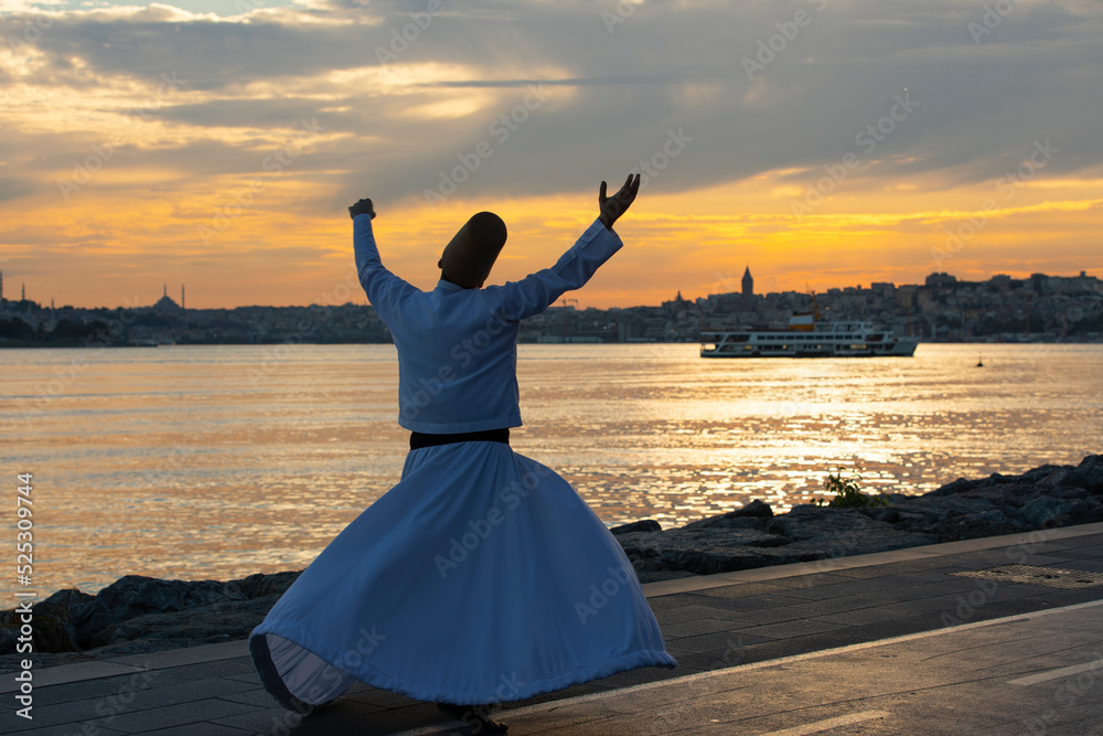Sufi Whirling Silhouette and Istanbul Icons, Uskudar Istanbul, Turkey Sufi Whirling Silhouette and Istanbul Icons, Uskudar Istanbul, Turkey