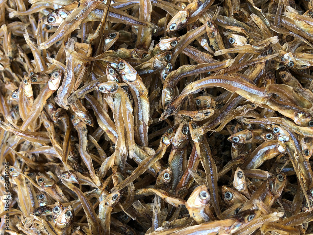 Top view pile of dried fish. Raw dried fish for food
