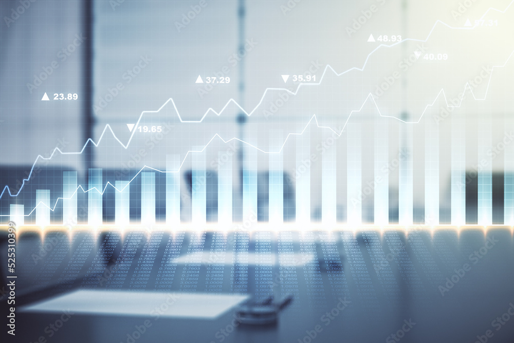 Abstract virtual financial graph hologram on a modern conference room background, forex and investment concept. Multiexposure