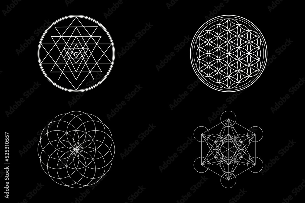 Sacred Geometry Background, Sri Yantra, Flower Of Life, Torus, Metatron Symbols Isolated on Black Background. - obrazy, fototapety, plakaty 