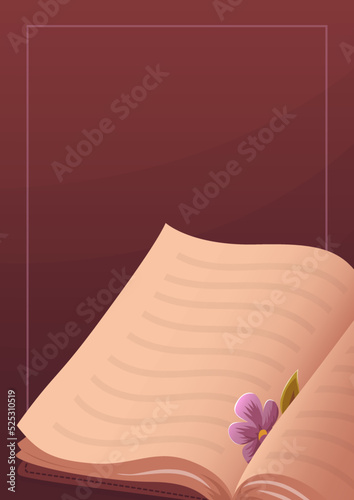 Opened book with a bookmark. Love for reading and knowledge. Book library, notebook, literature. Design template for banner, poster, flyer. Cartoon vector illustration