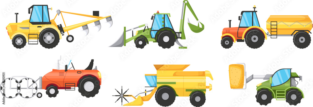 Set of modern farm agricultural vehicles and machinery Set of modern farm agricultural vehicles and machinery