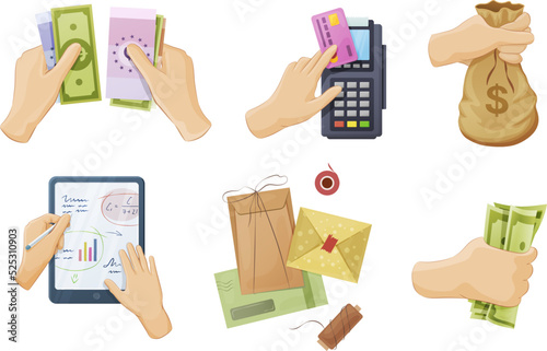 Hands holding money bills and paying with credit card