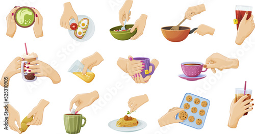 Hands cooking, serving dishes and drinks for breakfast