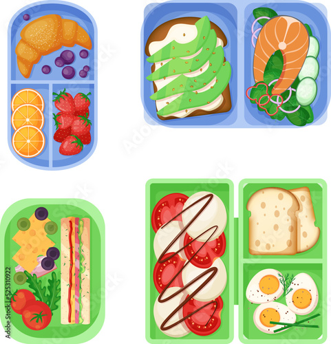 Meal trays with healthy balanced food for children set