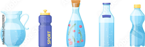 Set of different plastic and glass reusable water bottles