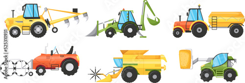 Set of modern farm agricultural vehicles and machinery