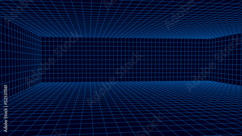 Empty futuristic 3D wireframe room. Vector perspective grid. Cyberspace background. Box with digital space in virtual reality.