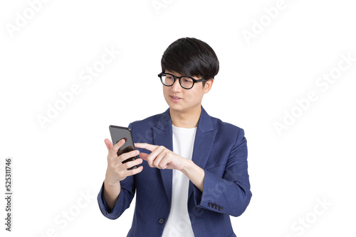 Smiling asian male entrepreneur in glasses using smart phone on transparent as png