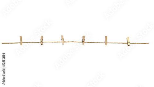 Natural rope with wooden clothespins isolated on white background. Eco friendly design element.