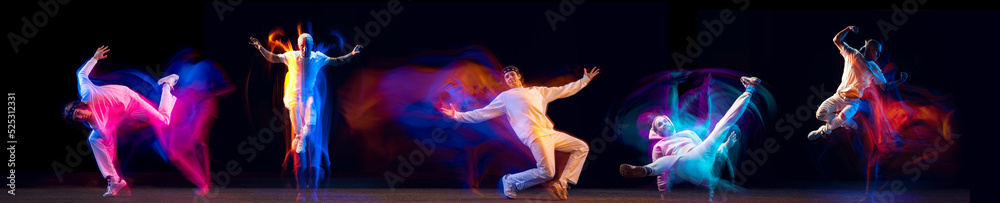 Freestyle. Flyer with images of young man dancing hip-hop, breakdance in white clothes on dark background with mixed neon light.