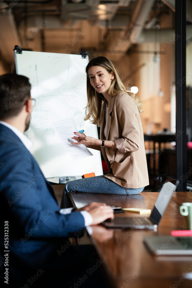 Businesswoman present her idea to working team. Young beautiful woman presenting businessplan.. Businesswoman present her idea to working team. Young beautiful woman presenting businessplan..