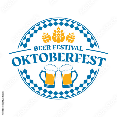 Oktoberfest logo, label or icon. Beer fest round badge with mugs and malt. German, Bavarian October festival design element. Vector illustration.