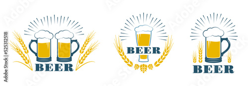 Beer logo, icon, label set. Brewery, pub or bar emblem design template with beer mug or glass. Vintage alcohol drink badge. Vector illustration.