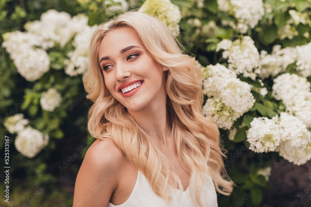 Portrait of sweet lovely gentle blond hair lady look aside posing for professional photo session vacation outside town Portrait of sweet lovely gentle blond hair lady look aside posing for professional photo session vacation outside town