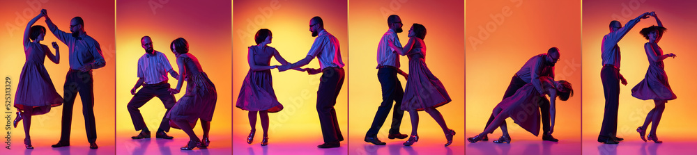 Set with images of stylish man and woman dancing lindy hop over orange background in neon light. Art, dance, retro, vintage style and fashion. Set with images of stylish man and woman dancing lindy hop over orange background in neon light. Art, dance, retro, vintage style and fashion.