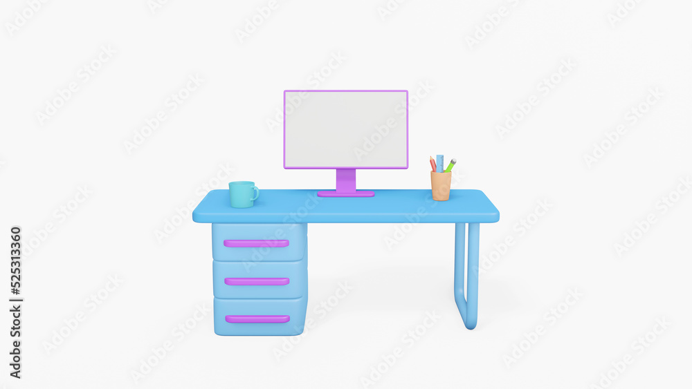 Concept home working. Lovely job. Modern Desk with computer. minimal work from home interior concept. White background. 3d rendering cartoon