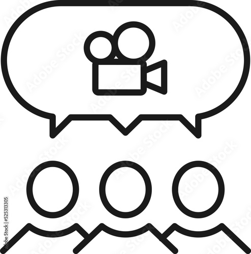 People, staff, speech bubble concept. Vector line icon for web sites, stores, online courses etc. Sign of video camera inside of speech bubble over group of people