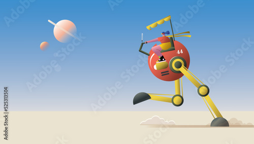 Sci fi illustration of a cartoon flat character riding a futuristic all-terrain mecha vehicle through the deserted space landscape, atompunk nomad woman piloting a two legged chicken transport.