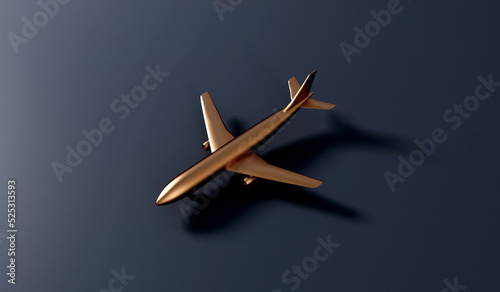 Luxury gold airplane against a dark background. VIP travel concept. 3D Rendering