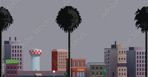 Flat style industrial city skyline, vector illustration. Set of city buildings near ocean, residential district with coconut palms 