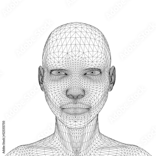Wireframe of a girl's head from black lines isolated on a white background. Angry facial expression. Front view. 3D. Vector illustration.