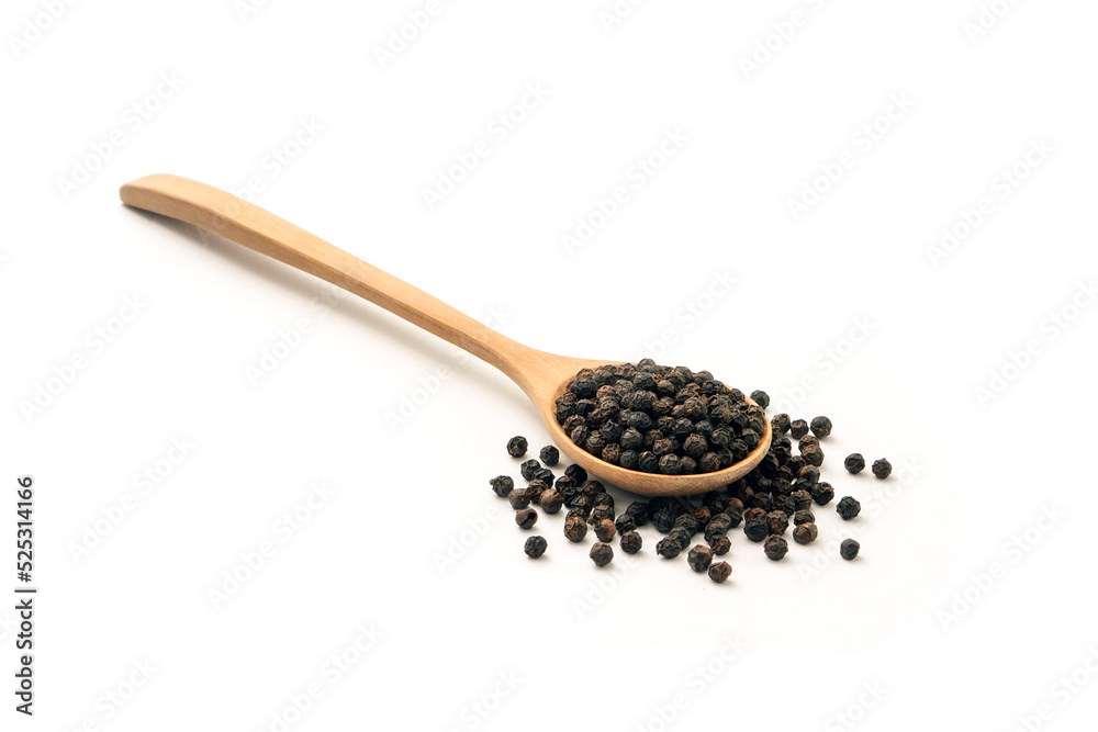 Black pepper or peppercorns in wooden spoon isolated on white background. Black pepper or peppercorns in wooden spoon isolated on white background.