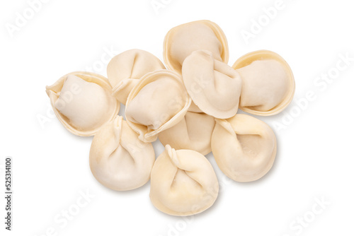 bunch of fresh frozen dumplings ready for cooking, isolated on white background. Full depth of field.