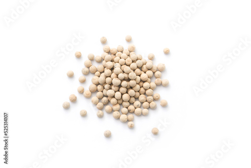 White pepper or peppercorns  isolated on white background , top view , flat lay.