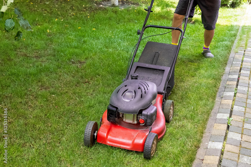 middle aged handsome man wearing home clothes is cutting the lawn, process to cut the grass at the yard with special machine lawn mover, green garden middle aged handsome man wearing home clothes is cutting the lawn, process to cut the grass at the yard with special machine lawn mover, green garden
