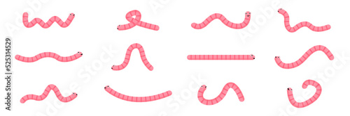 Worms character set. Pink earthworm collection. Vector isolated on white.