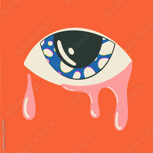 Illustration in retro style, eye with tears. Surreal psychedelic style, trendy vector poster.