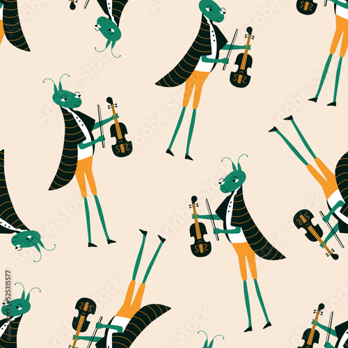 Adorable grasshopper musician in frock coat with violin hand drawn vector illustration. Funny animal character in clothes seamless pattern for kids fabric or wallpaper.