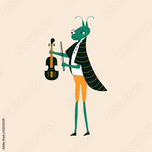 Cute grasshopper musician in frock coat with violin hand drawn vector illustration. Funny isolated animal character in flat style for kids alphabet. The letter "G".