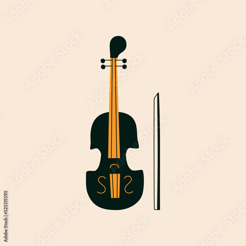 Classic black violin and bow hand drawn vector illustration. Isolated musical concert instrument in flat style for icon or logo.